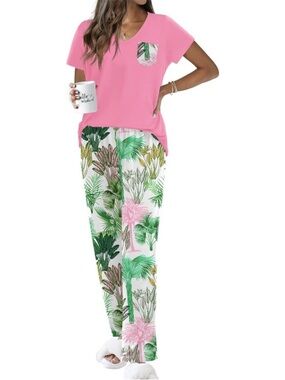 Women Rose Pink V Neck Short Sleeve Shirt Sleepwear 2 Piece Pajama Sets